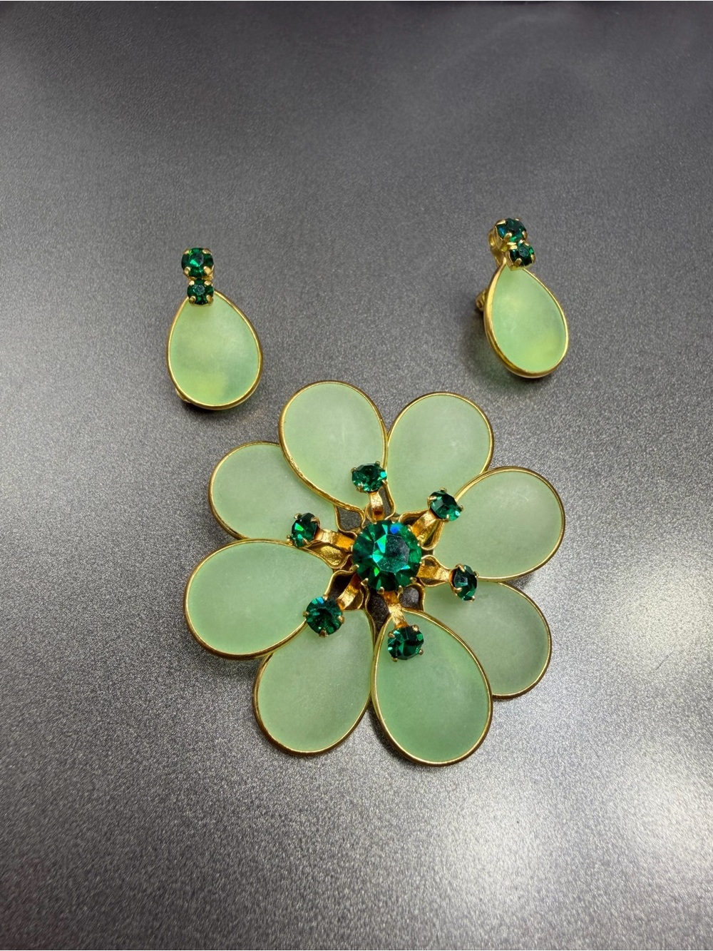 Vintage Satin Glass Brooch Clip-On Earrings West Germany #86set - Picture 2 of 5